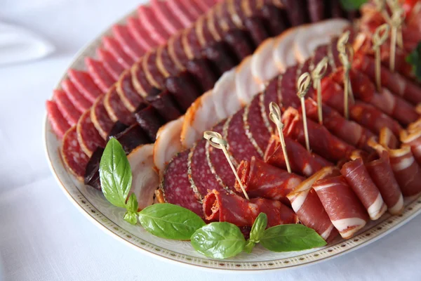 Assortiment van koude vleeswaren en salami op schotel — Stockfoto
