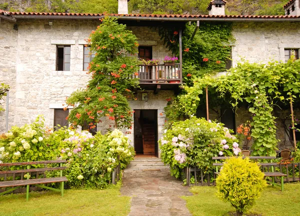 Färgglada gamla lantligt hus med vacker trädgård — Stockfoto
