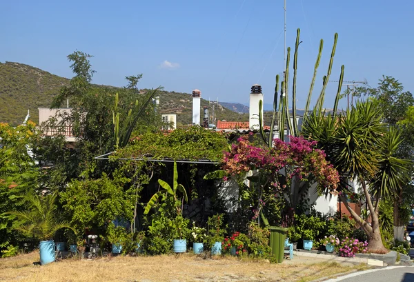 Casa griega con flores y árboles — Foto de Stock