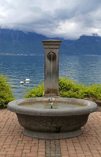 Una bella fontana di pietra, Lago di Ginevra, Montreux, Svizzera . — Foto Stock