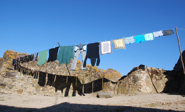 drying clothes in a village
