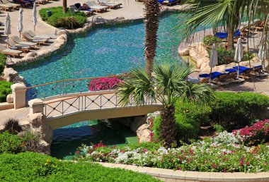 güzel tatil Yüzme Havuzu güneş sandalyeler, köprü ve flowe