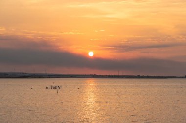 Gün batımında gölün arkasında martılar olacak.