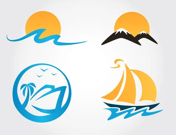 Set of travel icons mountains, waves, yacht — Stock Vector