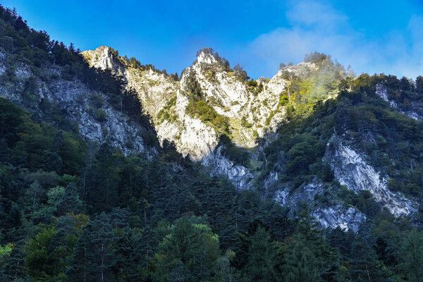 Cauterets, France - 10 Oct 2021: Sunrise views of the Pyrenees mountains from Pont d'Espagne