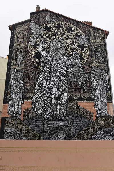 Burgos Spanyol Oktober 2021 Seni Jalanan Mural Relijius Luar Katedral — Stok Foto