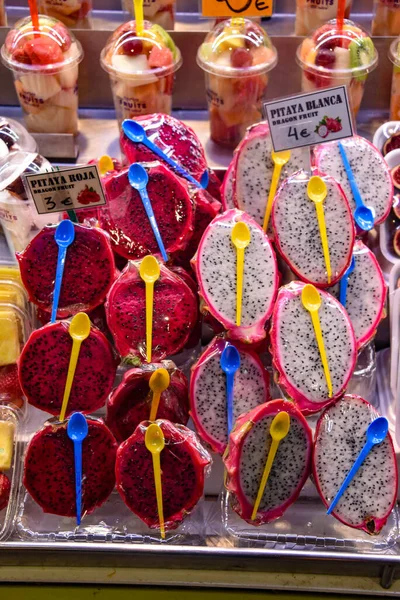 Barcelona España Nov 2021 Pitahaya Otras Frutas Exóticas Venta Puesto — Foto de Stock