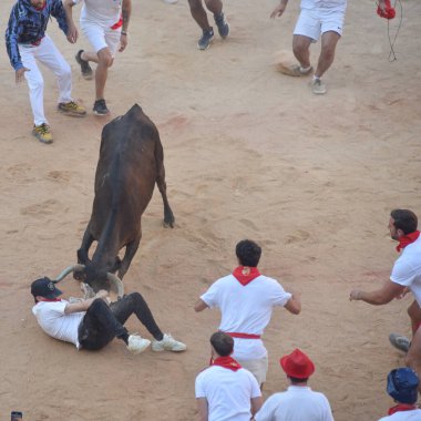 Pamplona, İspanya - 10 Temmuz 2022: İnsanlar Bulls, San Fermin Festivali 'nin yıllık koşusu için Plaza de Toros' ta toplandılar