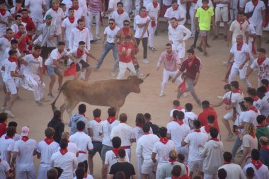 Pamplona, İspanya - 10 Temmuz 2022: Kalabalık Bulls, San Fermin Festiva 'nın yıllık koşusu için Plaza de Toros' ta toplandı