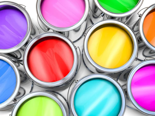 Verf emmers met verschillende kleuren Stockfoto