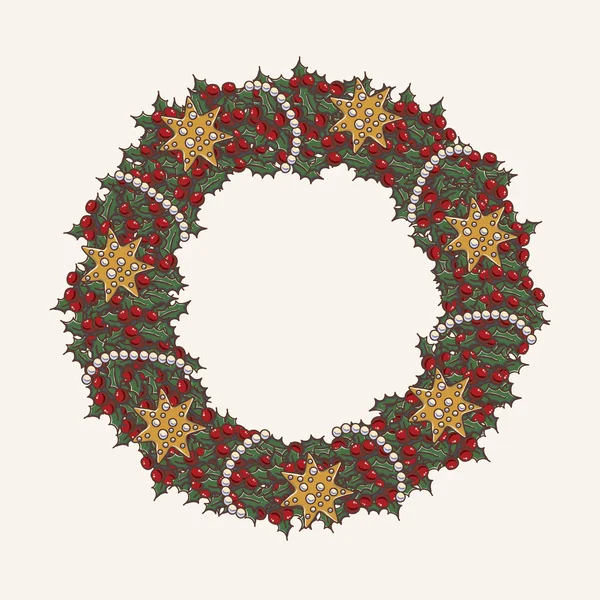 Christmas wreath made from lot of mistletoe on white background with gold stars and pearl strings — Stock Vector