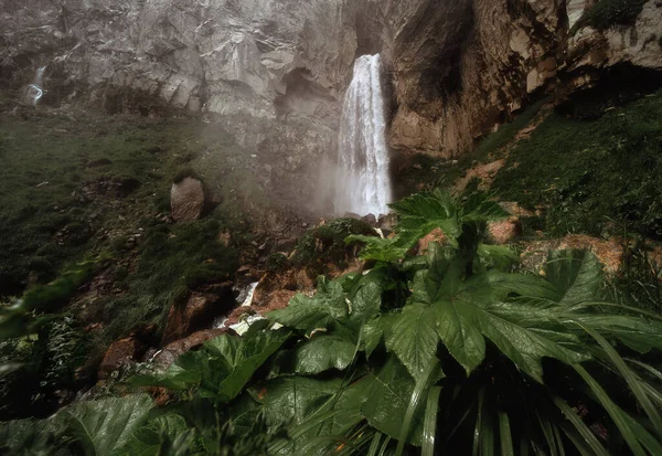 Picturesque Waterfall Made Rock Green Leaves Background Waterfall Caucasus Republic Imagens De Bancos De Imagens Sem Royalties