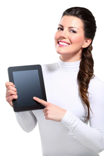 Young beautiful happy business woman with tablet — Stock Photo, Image