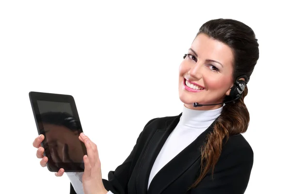 Joven hermosa mujer de negocios feliz con tableta — Foto de Stock