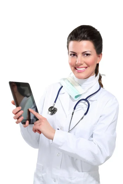 Mujer hermosa joven médico con tableta —  Fotos de Stock