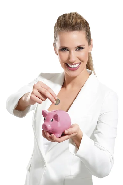 Jonge mooie vrouw permanent met piggy bank spaarpot — Stockfoto