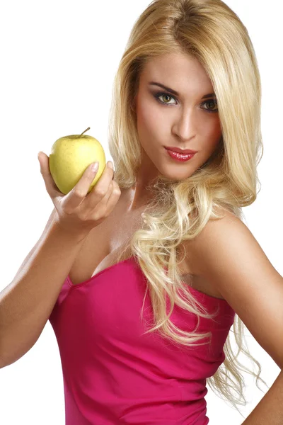 Jonge gelukkig mooi meisje een groene appel eten — Stockfoto