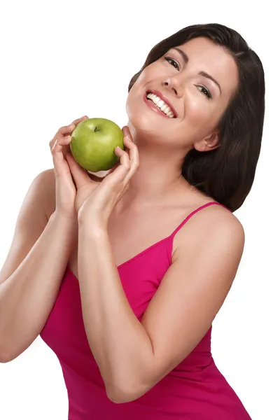 Молода красива жінка, що показує свіжі фрукти сезону — стокове фото
