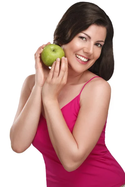 Young beautiful woman showing fresh fruits of season — Stock Photo, Image