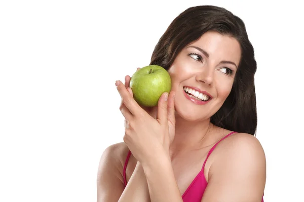 Young beautiful woman showing fresh fruits of season — Stock Photo, Image