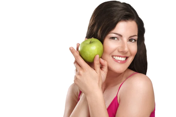 Young beautiful woman showing fresh fruits of season — Stock Photo, Image