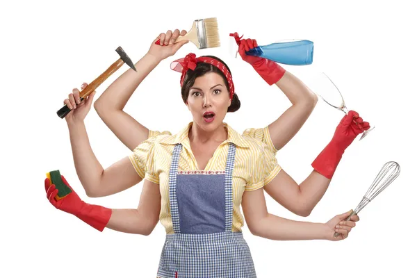 Pretty very busy multitasking housewife on white — Stock Photo, Image