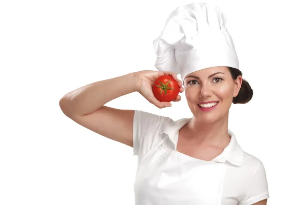 Young woman chef showing ingredients for italian food — Stock Photo, Image