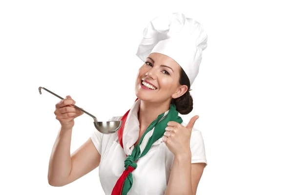 Young woman chef showing ingredients for italian food — Stock Photo, Image