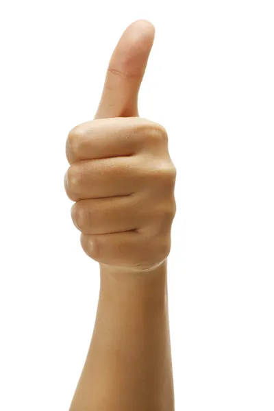 Vrouwelijke hand met Duimschroef opwaarts positief gebaar — Stockfoto
