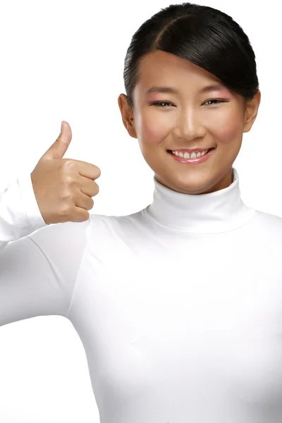 Beautiful happy asian girl showing thumbs up — Stock Photo, Image