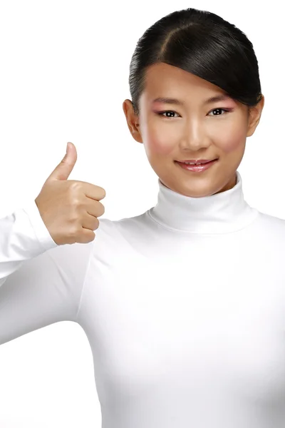 Beautiful happy asian girl showing thumbs up — Stock Photo, Image
