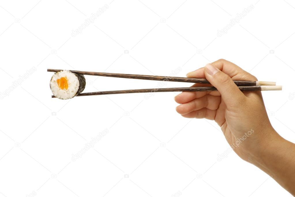 female hand holding sushi sashimi asian food