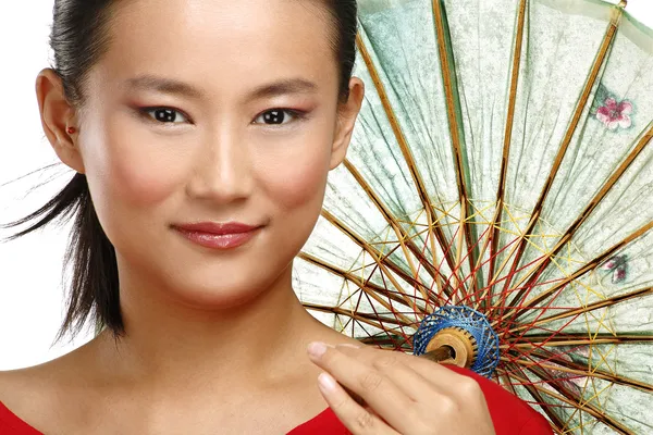 Beautiful chinese girl with traditional homemade umbrella — Stock Photo, Image