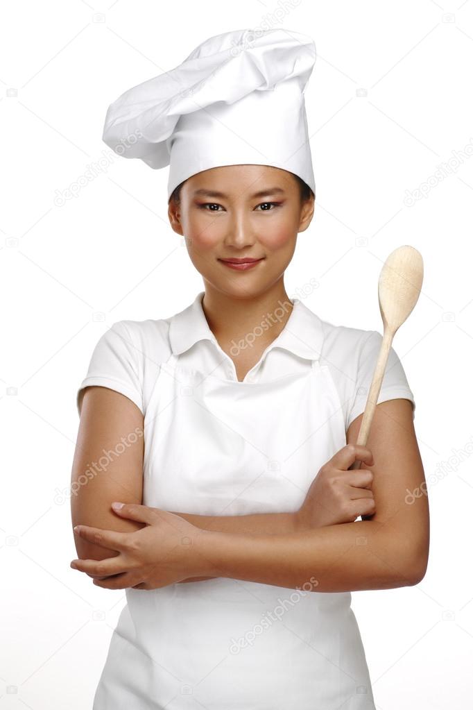 Happy smiling asian chinese woman chef at work