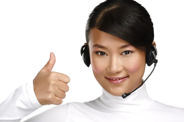 Szczęśliwy uśmiechający się kobieta Azji klienta usługi operatora — Zdjęcie stockowe