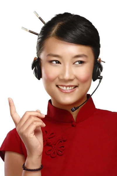 Happy smiling female asian customer service operator — Stock Photo, Image