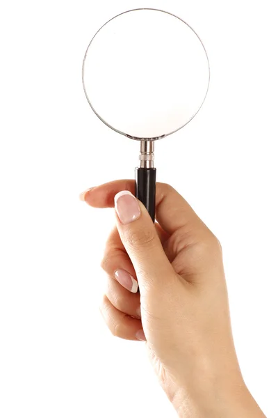 Hand holding magnifying glass isolated on white background — Stock Photo, Image