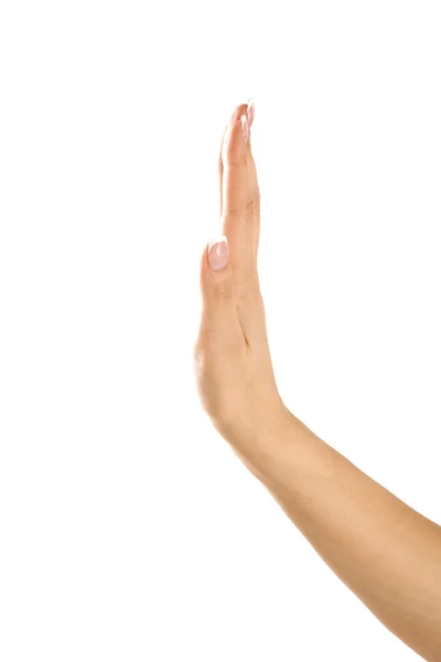 Closeup of female teen hand up stop sign or asking — Stock Photo, Image