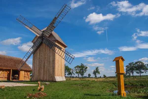 Wooden Polish windmill over clear blue sky — Stock Photo, Image