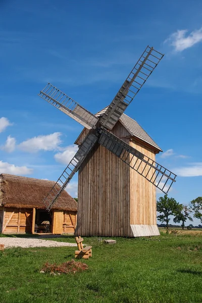Wooden Polish windmill over clear blue sky — Stock Photo, Image