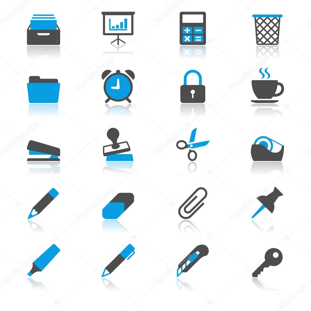 Office supplies flat with reflection icons