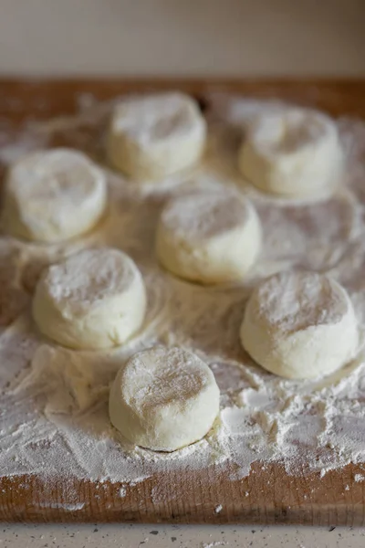 Raw Cottage Cheese Pancakes Wooden Board Traditional Breakfast Lunch — Fotografia de Stock