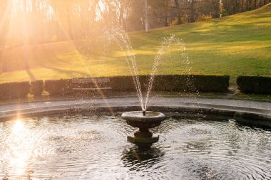 Günbatımında Sonbahar Parkı 'ndaki çeşme. Güneşli bir hava. Sonbahar sezonu.