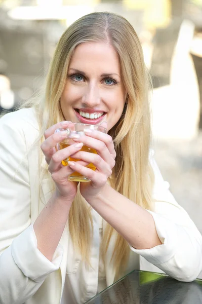 Smiling Blonde Girl with Tea — Stock Photo, Image