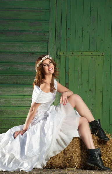 Bride, Barn and Boots — Stock Photo, Image