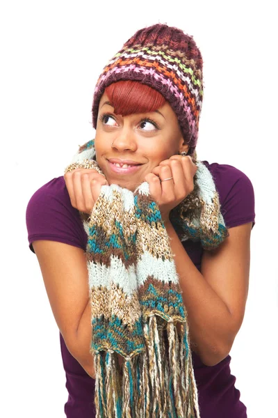 Menina afro-americana feliz segurando seu cachecol — Fotografia de Stock