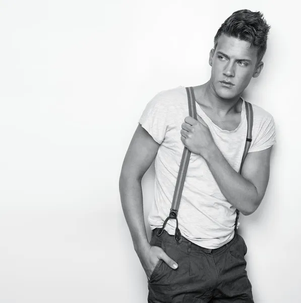 Handsome Man Holding Suspenders — Stock Photo, Image