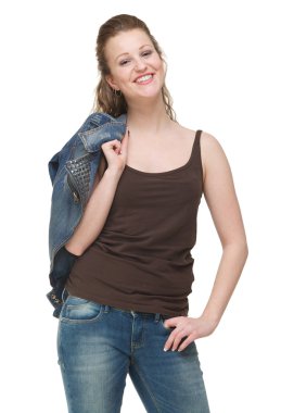 gülümseyen kadın ceketi ile omuz üzerinden