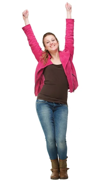 Sonriente chica con dos manos en el aire — Foto de Stock