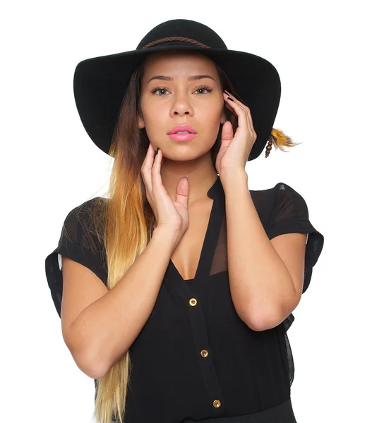 Close Up Retrato de mulher asiática de chapéu preto — Fotografia de Stock